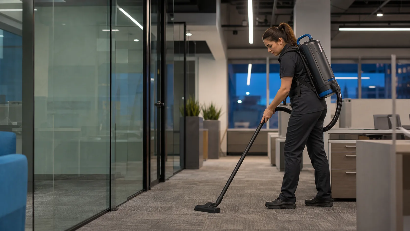 A professional cleaner vacuuming a modern commercial office after hours.